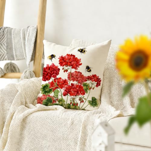 RABUSOFA Spring Summer Outdoor Geranium Pillow Covers 18x18 Inch Set of 2 Waterproof for Outside, Red Bee Holiday Farmhouse Seasonal Indoor Cushion Cases Decoration for Patio Furniture