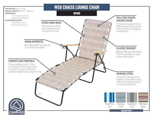Camp & GO 4-Position Folding Web Lawn Chair Outdoor Lounger, Blue/White undefined/White