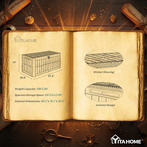 YITAHOME 110 Gallon Outdoor Deck Box, Waterproof Resin Storage Box with Lock, Lockable Patio Furniture Bin, 2-Person Bench Seating for Outdoor Cushions, Garden Tools & Sports/Pool Supplies, Black
