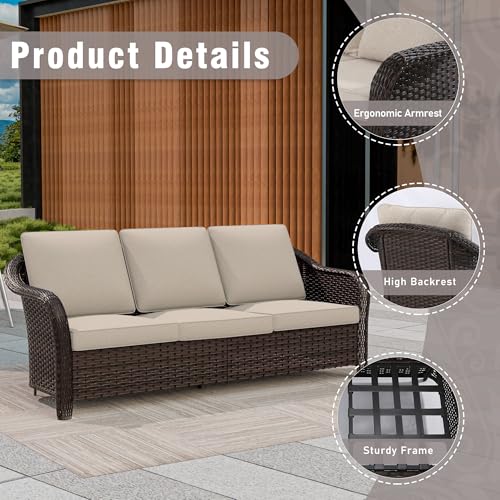Qsoer 77 inch Outdoor Wicker 3 Seater Sofa, All-Weather Use Patio Rattan Sofa with Seat and Back Cushion, Ideal for Porch, Backyard, Balcony, Poolside, Beige