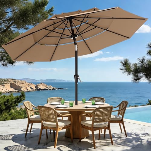 AreShark 9ft 3-Tier Patio Umbrellas, Outdoor Umbrella with 8 Sturdy Ribs UV Protection Windproof, Market Table Umbrella w/Push Button Tilt & Crank for Pool, Porch, Deck, Garden(Beige)