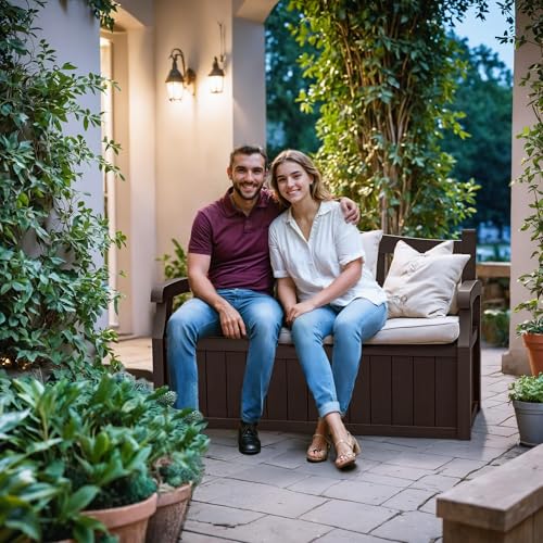 Devoko 80 Gallon Storage Bench Deck Box Lockable for Patio Furniture, Garden Decor and Outdoor Seating for Cushions, Garden Tools and Pool Supplies(Dark Brown)