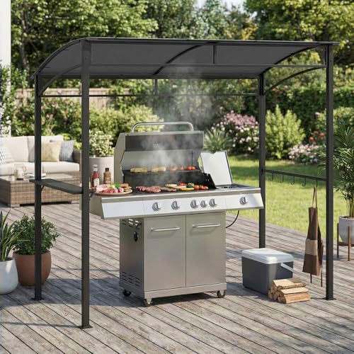 Tangkula 7ft Grill Gazebo, Patio Barbecue Canopy with Serving Shelf and Storage Hooks, Curved Grill Shelter w/Heavy-Duty Steel Frame Sunshade Awning for Outdoor Garden (Gray)