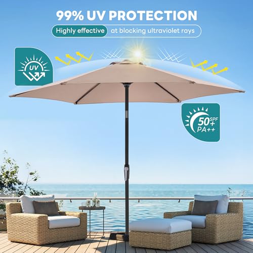 OLIXIS 7.5ft Patio Umbrella with Tilt and Crank Button & 6 Sturdy Ribs Waterproof, 7.5 Feet Patio Table Umbrella Sun Shade for Poolside, Terrace, Beach and Outdoor Restaurant, Khaki