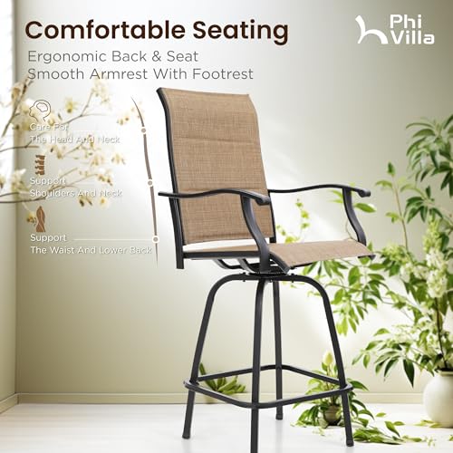 PHI VILLA 3 Piece Outdoor Swivel Bar Stools Set, Bar Height Patio Set with 2 Padded Textilene Fabric Chairs, All-Weather High Top Patio Bistro Table and Chairs Furniture, Brown