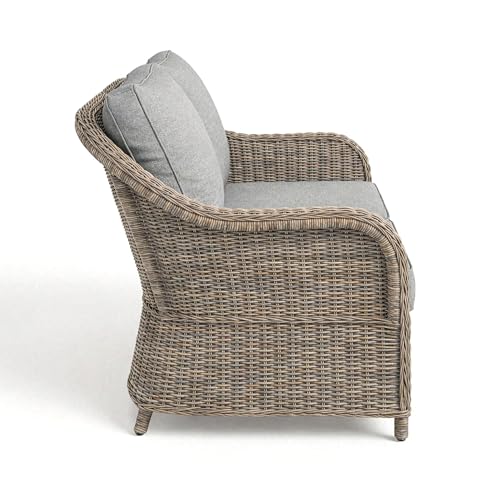 Martha Stewart Lily Pond Indoor-Outdoor Patio Loveseat in Weathered Gray Rattan Wicker with All-Weather Gray Back and Seat Cushions, 300 Lb. Static Weight Per Seat