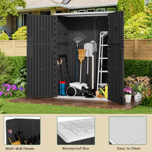 KINYING Outdoor Vertical Storage Shed,57 Cu.ft Outdoor Storage Cabinet Waterproof,Resin Sheds & Outdoor Storage Clearance for Garden,Patio,Backyard,Lockable (Black)