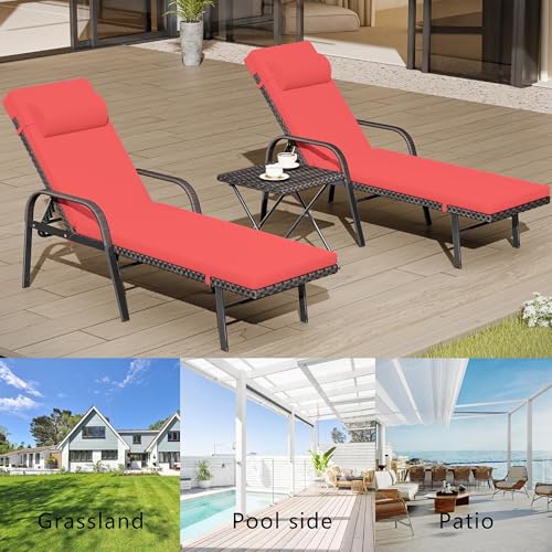 ASJMR Patio Chaise Lounge Set 3 Pieces Outdoor Lounge Chair with Rattan Adjustable Backrest Armrest and Folding Table for Beach Patio,Sand, for Poolside Backyard Porch