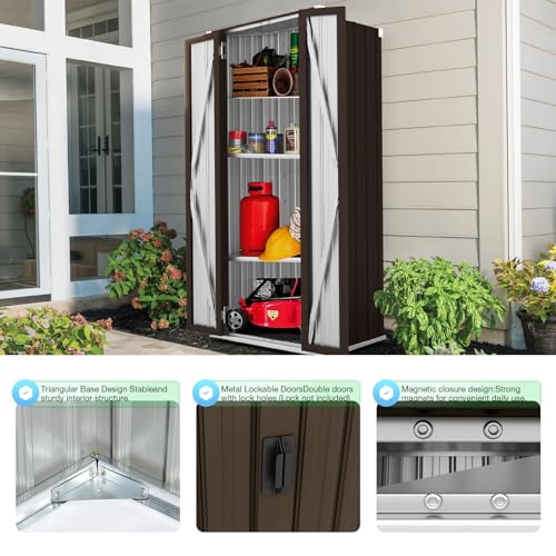 AECOJOY Outdoor Storage Cabinet Waterproof with Adjustable Shelves, Vertical Tall Garden Tool Cabinet, Sheds & Outdoor Storage Clearance Cabinet Weatherproof for Outside or Indoor in Brown