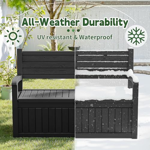 GYMHILL 80 Gallon Outdoor Storage Bench Spacious Storage Box Waterproof Resin Deck Box Lockable for Patio, Garden, Living Room & Outdoor Spaces（Black）
