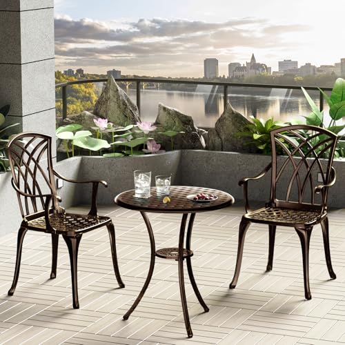 Z1UVDFUR Patio Bistro Set 3 Piece, Cast Aluminum Bistro Set for 2 w/Umbrella Hole, Outdoor Table and Chairs Set of 2, Bistro Set for Balcony/Backyard/Garden, Bronze