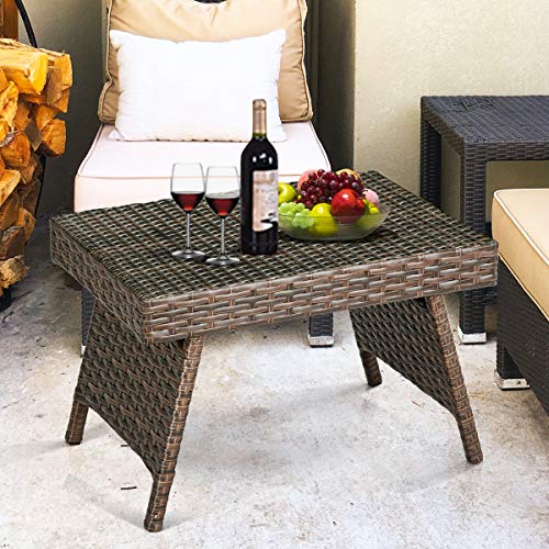 Tangkula Outdoor Folding Wicker Table, Heavy Duty Rattan Foldable Standing Coffee Side Table, for Patio Poolside Lawn Garden Balcony