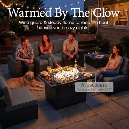 LayinSun 13 Pieces Outdoor Patio Furniture Set with 44" Fire Pit Table Brown Rattan Sectional Sofa Conversation Sets