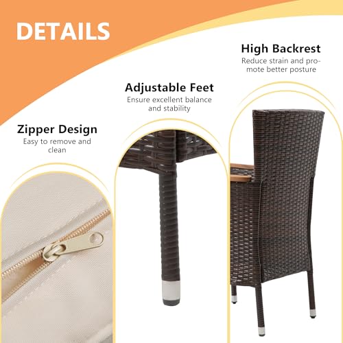 FansaFurn 5 Piece Patio Wicker Dining Sets for 4, Water-Resistant Rattan Outdoor Dining Table and 4 Chairs with Wood Table Top, Conversation Set for Deck, Garden, Backyard, Removable Cushions, Brown