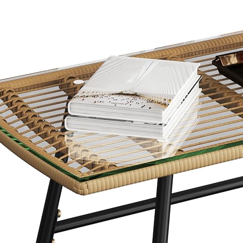 Yaheetech 4 Piece Patio Furniture Set, Outdoor Wicker Conversation Sets, Boho Loveseat & 2 Armchairs with Cushion and Pillow, Glass Top Table for Backyard, Porch, Balcony, Deck - Tan/Cream