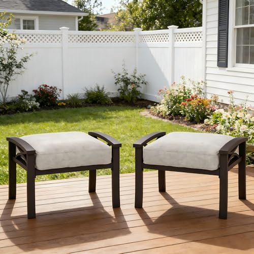 FansaFurn Outdoor Ottoman Set of 2, Multipurpose Metal Outdoor Patio Furniture for Backyard, Proch, Additional Seating, Side Table with Removable Washable Cushions, Khaki/Khaki