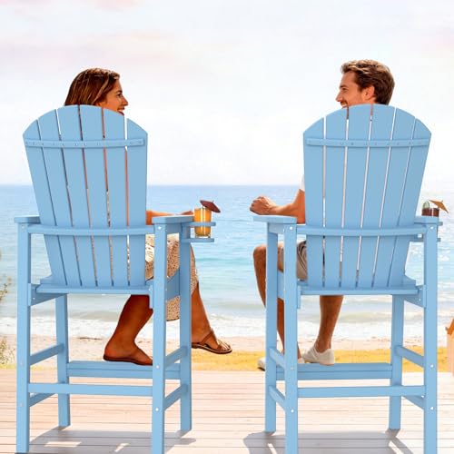 VINGLI Tall Adirondack Chairs Set of 2, All-Weather Plastic Adirondack Chair with Cup Holders, Heavy-Duty HDPE Outdoor Bar Stools for Patio, Balcony, Pool, Backyard (Blue, 2 PCS)