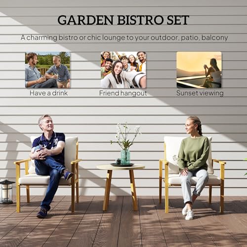 Outsunny Outdoor Bistro Set, 3 Piece Patio Set, Wood Effect Steel Round Table and Chairs with Wide and Deep Seat, Small Conversation Patio Furniture with Cushions for Backyard, Porch, Cream White