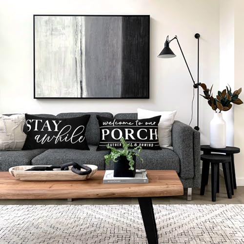 TAJWE Outdoor Pillow Covers Waterproof 12x20 Set of 2 Black and White Decorative Welcome to Our Porch Stay Awhile Cushion Cases for Patio Furniture Sofa Couch Decor