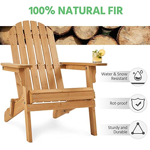 Yaheetech Folding Adirondack Chair Set of 4 Outdoor, 300LBS Solid Wood Garden Chair Weather Resistant, Fire Pit Lounge Chairs for Garden/Yard/Patio/Lawn, Natural Wood