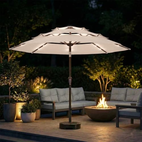 Patio Kingdom 10ft 3-Tier Patio Umbrella with 32 Solar Powered LED Lights, Windproof Outdoor Market Umbrella for Deck, Poolside & Garden, Sturdy Push-Button Tilt Table Umbrella, Beige