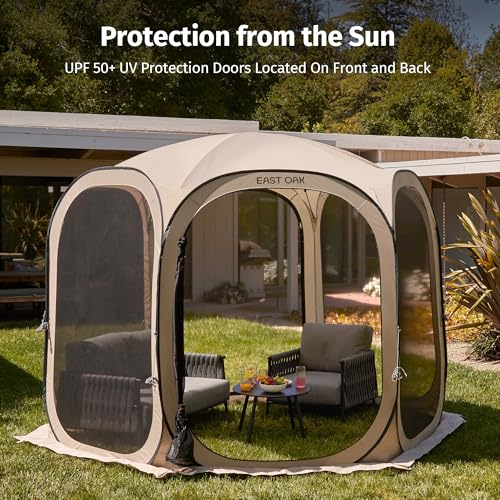 East Oak Pop up Screen Tent with Mosquito Netting, Portable Screen House Canopy Shelter, 10 x 10 FT Instant Screen Gazebo & UPF 50+ UV Protection for Patio, Backyard, Deck & Outdoor Activities, Beige