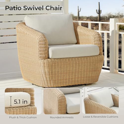 CHITA 5 Pieces Patio Wicker Furniture Set, Outdoor Rattan Bistro Set with Removable Thickened Cushions, Fully Assembled(Beige Cushions with Light Brown Wicker)