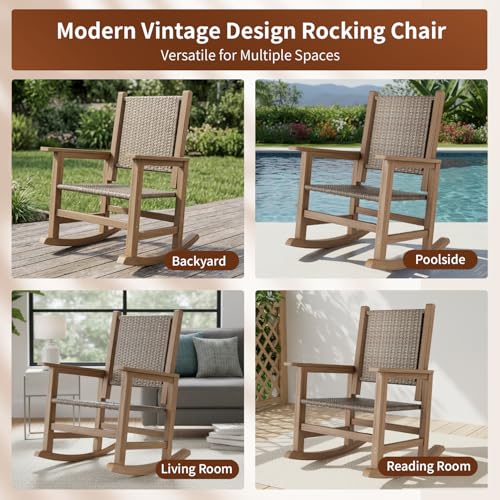 RICNOD HDPE Rocking Chair Outdoor 1 PCS, Wicker Rocking Chair for Patio, Woven Seat & Back, All Weather Rocking Chair for Front Porch, Garden, Lawn and Balcony (Brown)