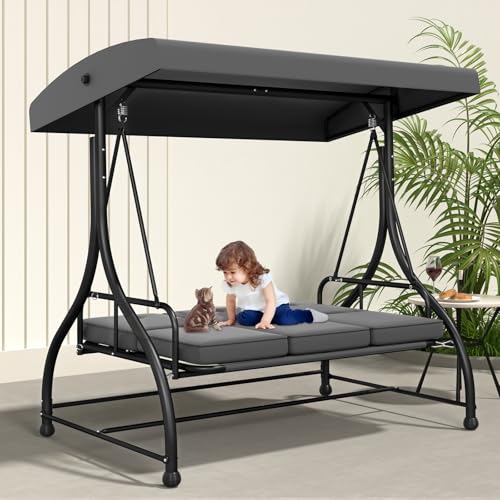 3-Seat Outdoor Porch Swing Glider with Adjustable Canopy, Patio Swings Bed with Removable Cushion for Porch, Backyard, Garden, Poolside, Balcony - Gray