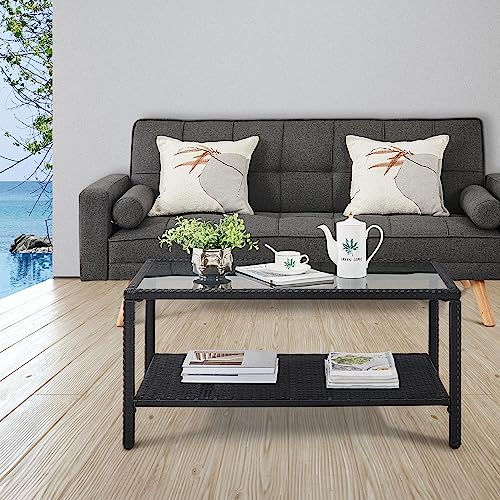 Yaheetech Outdoor Wicker Coffee Side Table, All-Weather Rattan Patio Storage Furniture with Tempered Glass Top for Garden, Black