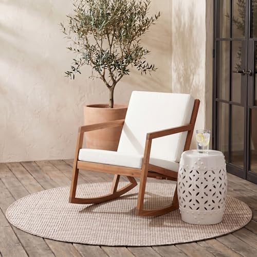 SAFAVIEH Outdoor - Vernon Rocking Chair - Natural & Beige - Solid Wood with Cushion - Shaker-Inspired Slatted Design - Ideal for Patio, Deck, Porch, Backyard, 24.6" Seat Height (PAT7013A)