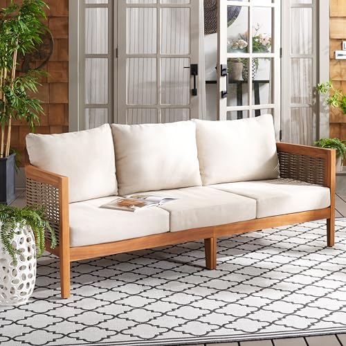 SAFAVIEH Outdoor Collection Amanda Natural Acacia Solid Wood/Taupe Cushion 3-Seater Sofa