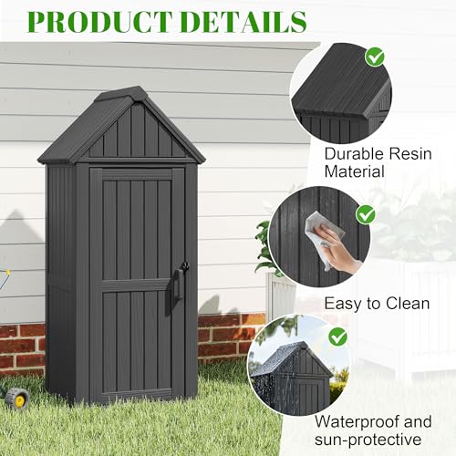 WTFGO Vertical Outdoor Storage Shed, Waterproof Resin Outdoor Storage Cabinet with Removable Shelves & 12 Hooks, Lockable Small Tool Shed for Garden, Backyard, Patio, Pool, Black