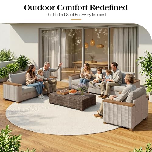 PaPaJet 6-Piece Wicker Patio Furniture Set with Solid Wood Armrest, Outdoor Patio Set with Thick Legs, UV-Resistant Modular Outdoor Sectional Sofa for Backyard, Porch, Garden