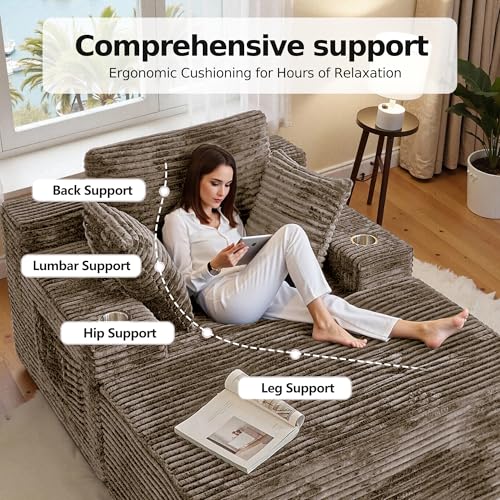 CHORRO 66" Chaise Lounge Chair Indoor,Oversized Boneless Single Sleeeper Couch Bed,Corduroy Cloud Sofa with 3 Soft Pillows for Livingroom,Bedroom,No Assembly,(Khaki)