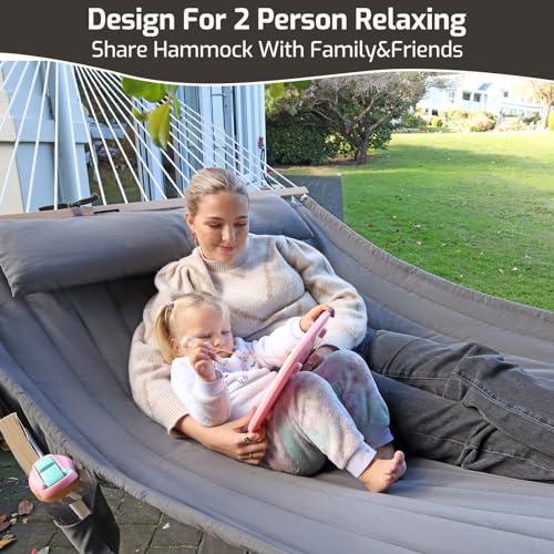 CHULIM Double Quilted Fabric Hammock with Hardwood Spreader Bars and Pillow 450 LBS Capacity 2 Person Large Hammock for Outdoor Patio Backyard Poolside - Dark Grey