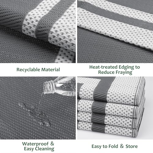 HappyTrends Outdoor Rug Reversible Portable Plastic Straw Camping Rugs for Outside RV,Large Waterproof Outdoor Area Rugs for Patio,Deck,Porch,Balcony(5'x 8',White&Gray)