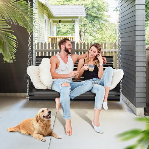 VINGLI Upgraded Patio Wooden Porch Swing for Courtyard & Garden, Heavy Duty 880 LBS Swing Chair Bench with Hanging Chains for Outdoors (Black, 4 FT)