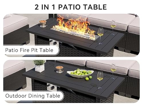 Aoxun Outdoor Patio Furniture Set with 44'' Fire Pit Table, 7 Pcs Outdoor Sectional with 4in Thicken Cushion, Widen Armrests Wicker for Backyard, Grey