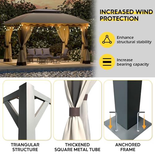 ZZW Outdoor Patio Gazebo 10×13 Heavy Duty Gazebos with Mosquito Netting & Double Roof Metal Steel Frame Canopy Gazebo Tent Shelter for Patio Lawn Backyard Garden