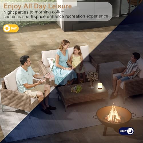 JOYURE 4-Piece Patio Furniture Set,Outdoor Wicker Patio Conversation Set with Tempered Glass Table,All-Weather Rattan Sectional Loveseat&Chairs with Thick Cushions for Garden,Deck,Backyard-Beige