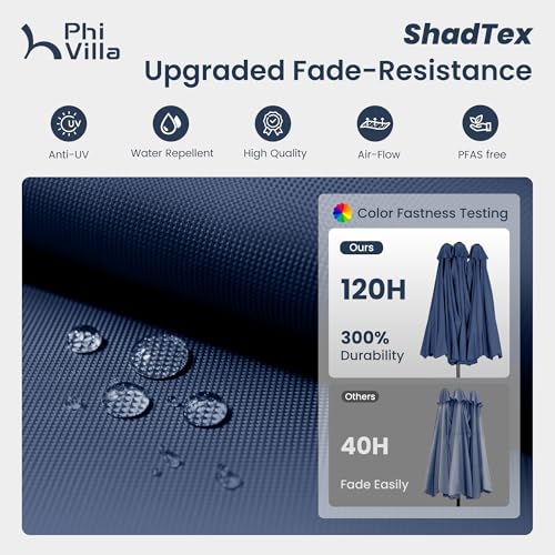 PHI VILLA 10ft Outdoor Patio Umbrellas for Outside, 3 Tier Vented Market Table Umbrella Windproof for Backyard, Deck, Garden, 1.5" Pole, Dark Blue（No Base）