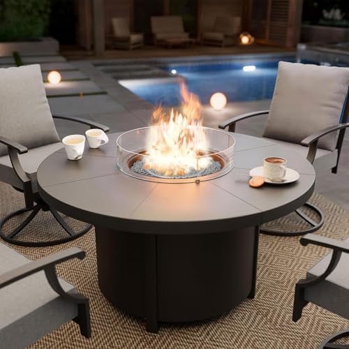 Trumbeak 48" Round Propane Fire Pit,Steel Tabletop Fire Pit w Lava Rocks,55000 BTU Auto-Ignition CSA Certified Gas Fire Pits with Lid & Windproof Glass for Outdoor,Patio,Backyard