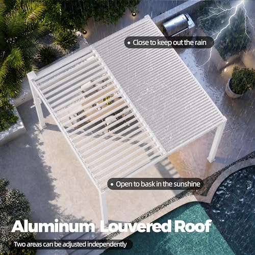 Suvivityse 10x10 Louvered Pergola with Lights, Aluminum Pergola with Adjustable Roof, Metal Outdoor Pergolas for Patios, Garden and Deck, White