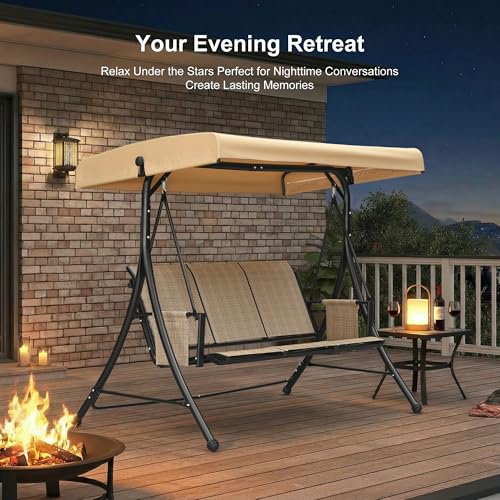 PURPLE LEAF 3-Seat Patio Swing with Stand and Meatl Steel Frame Porch Swing with Adjustable Tilt Canopy All-Weather Outdoor Swing Chair Seat for Backyard Garden Deck Balcony (Khaki)
