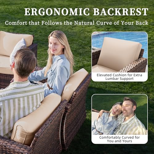 UDPATIO Patio Furniture Set, 5 Pieces Outdoor Conversation Sets with Rocking Swivel Chairs, Wicker Rattan Outdoor Sofa Set with Storage Table and Waterproof Covers for Backyard, Deck, Porch, Khaki