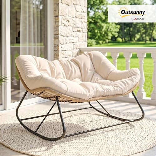 Outsunny Double Papasan Rocking Chair, Wicker Oversized Indoor Outdoor Rocking Papasan Chair with Cushion, PE Rattan Outdoor Rocker Egg Chairs for Living Room, Garden, Patio, Balcony, Cream White