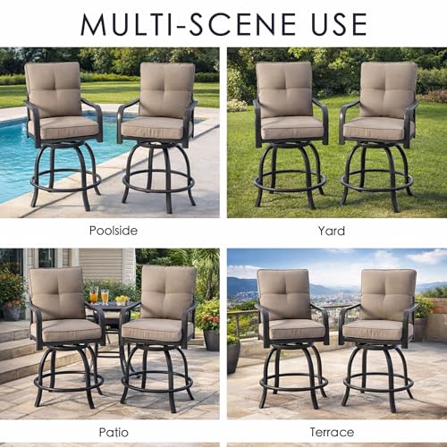 Kozyard Isabella Outdoor Swivel Bar Chairs Set of 2, Counter Height Patio Bar Stools with Cushioned Seats, Weather-Resistant Metal Bistro Chairs for Backyard Dining Beige