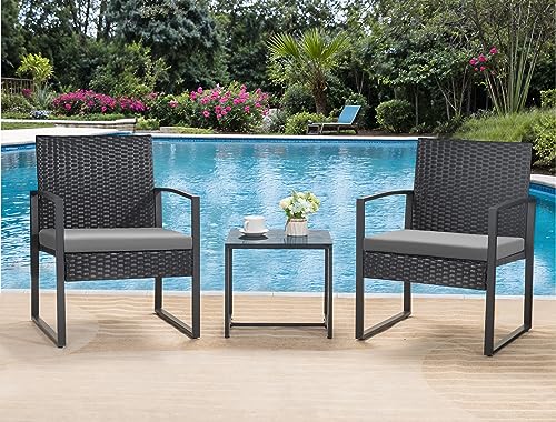 Homall Balcony 3 Piece Furniture Table Garden Backyard Outdoor Patio Use Porch Chairs Cushioned PE Wicker Bistro Set Rattan (Grey)