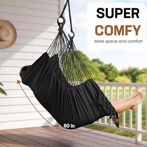 Hammock Chair Hanging Chair Heavy Duty 500 Lbs, Hanging Hammock Chair with Steel Spreader Bar & Adjustable Straps, Indoor Outdoor Hammock Swing for Bedroom Patio Porch Balcony Backyard Camping -Black